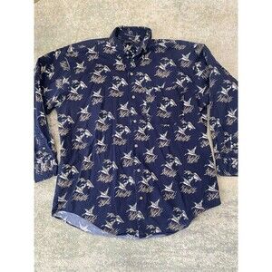 Vtg DUCKS UNLIMITED Sz L Mallard All Over Print Flannel Shirt Men Hunt Navy Blue